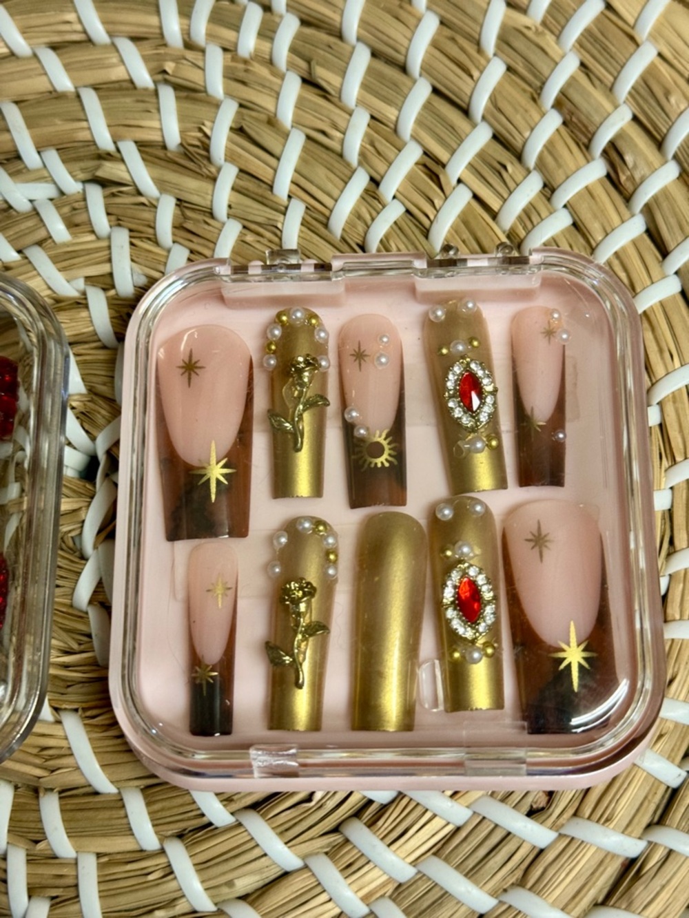 CUSTOM 2 Sets 3-D Red Champagne Stones & Floral Pearl Jewels Coffin Faux Nails 💅